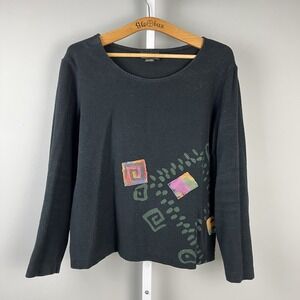 AHNI Black Artsy Applique Knit‎ Top Size 1 Womens M Long Sleeve Pullover